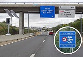 El nuevo radar multicarril instalado en la VA-30, en el kilómetro 16, y una de las señales que advierten de su presencia.
