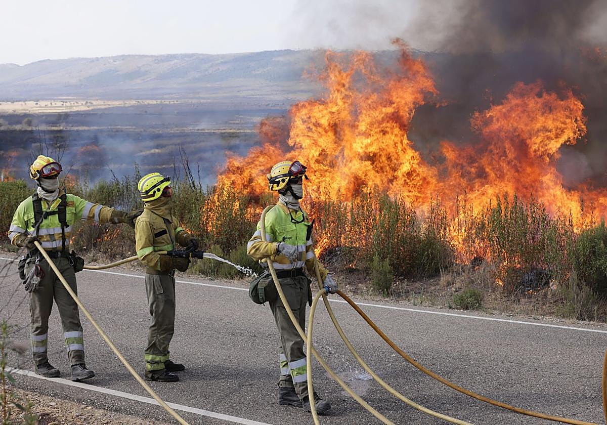 Efectivos trabajan en la extinción del incendio en Abejera, en Zamora.
