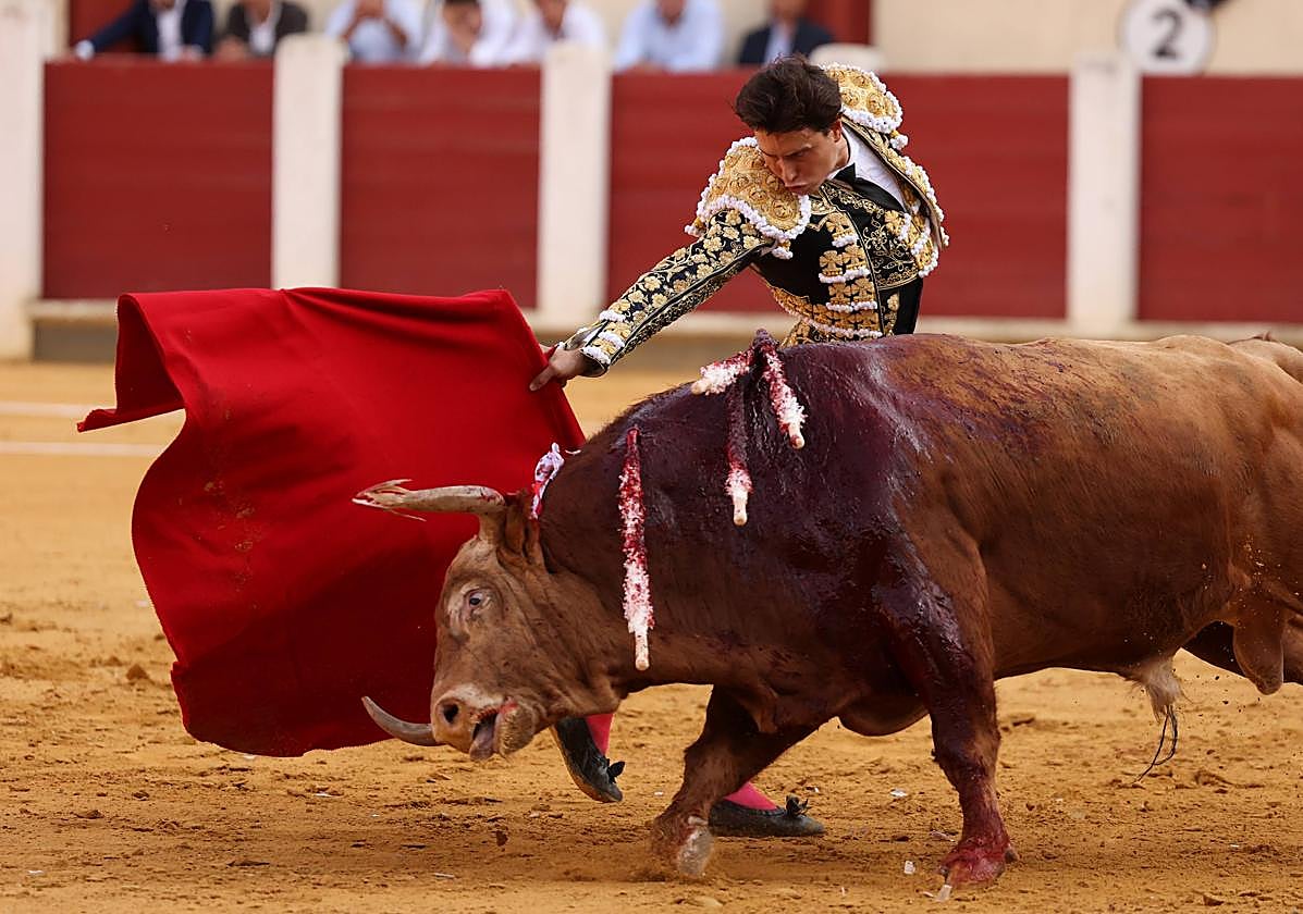 Roca Rey, ante el primero de su lote, que le prendió en un lance con el capote.