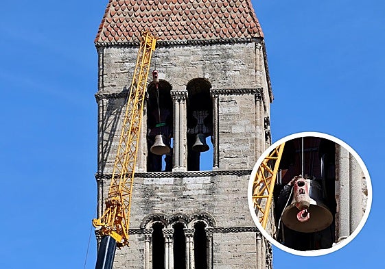 La torre de La Antigua y, en detalle, la instalación de la nueva campana.