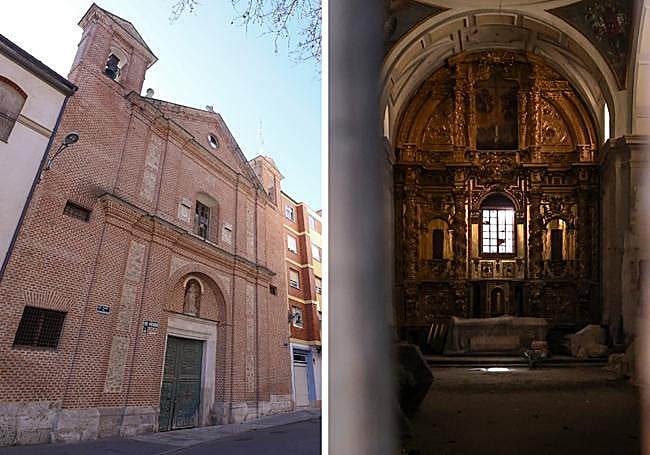Exterior y detalle del interior de la iglesia de Las Brígidas, a la venta en diferentes ocasiones en Valladolid.