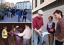 Concentración contra el desalojo de La Molinera en 2023, carga policial en Las Moreras durante la noche de San Juan en 2000. A la derecha, Lebrero, Valentín y Lázaro tras denunciar las carga policiales tras la contrarreloj del pasado 11 de septiembre.