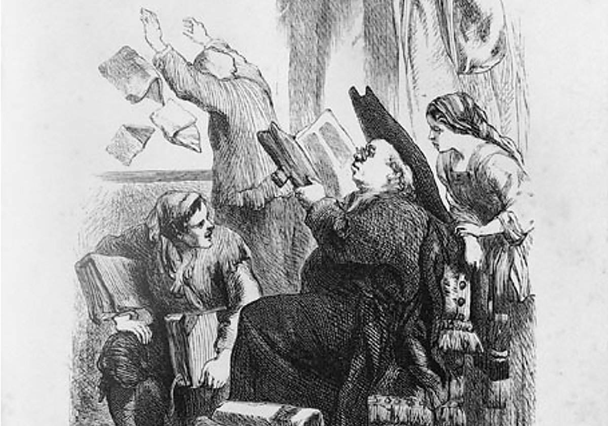 Grabado que recrea el expurgo de la biblioteca de don Alonso Quijano.