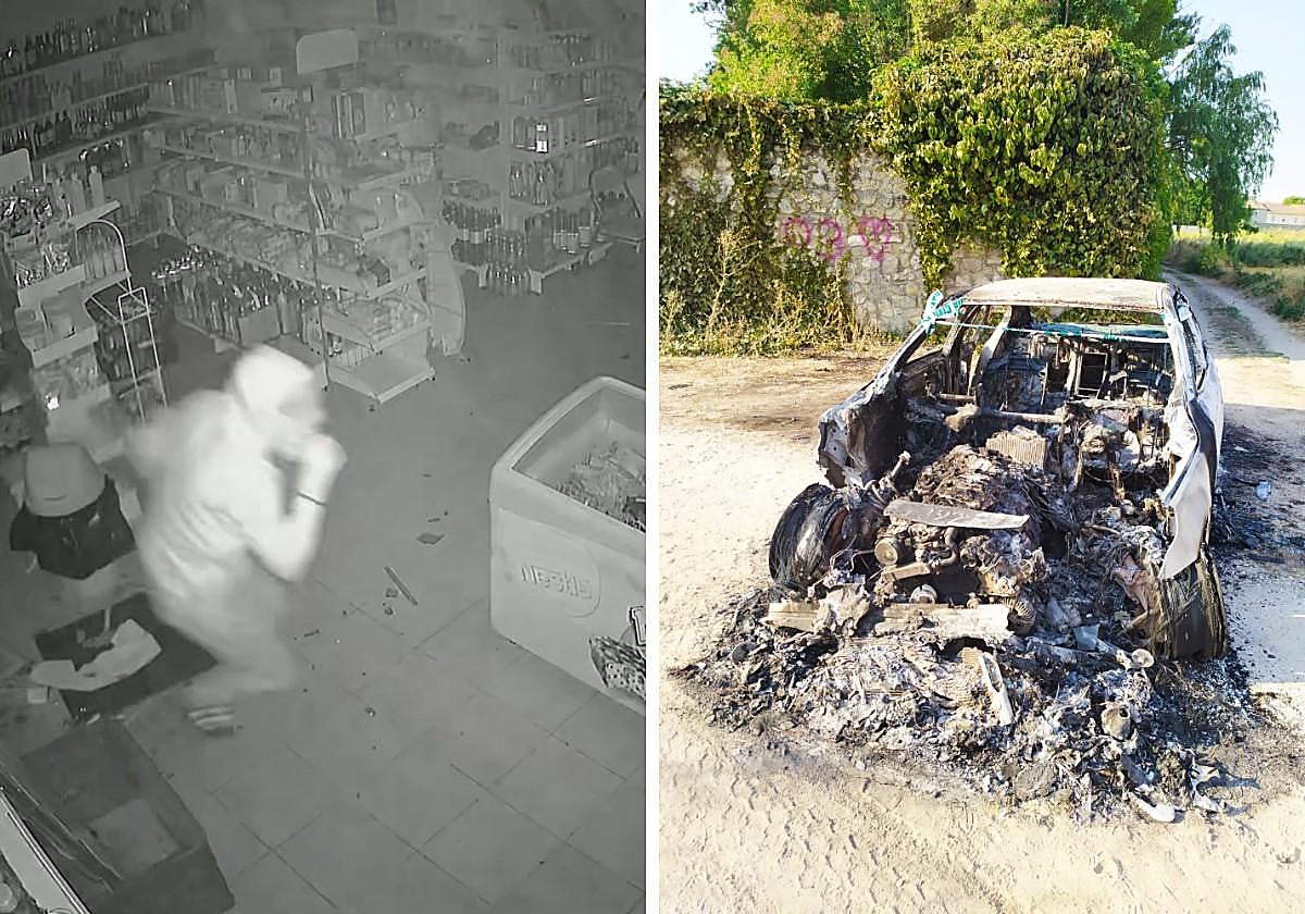 A la izquierda, un miembro de la banda del BMW se adentra en el estanco de Estépar. A la derecha, BMW calcinado en Corcos del Valle.