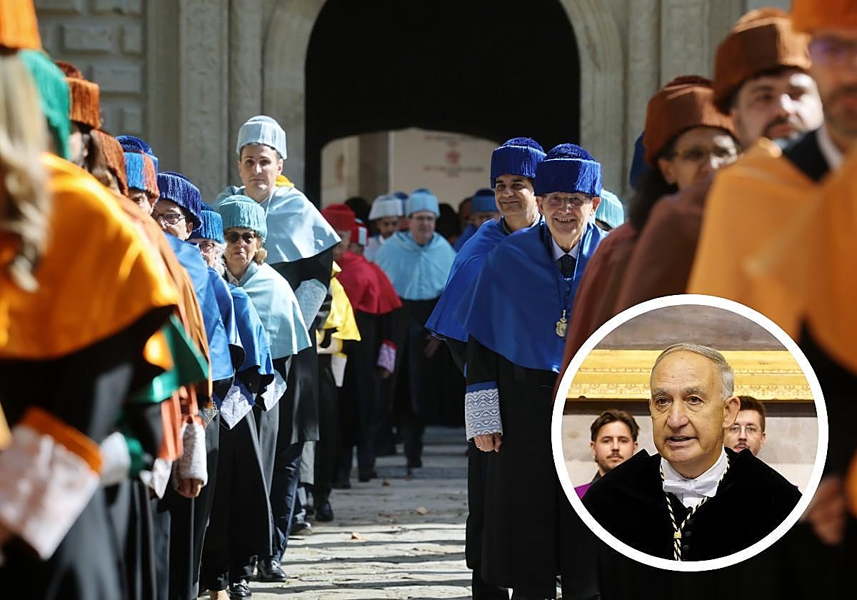 Catedráticos de la Universidad de Valladolid salen del Palacio de Santa Cruz antes del inicio del acto en el Paraninfo y, en detalle, el rector de la UVA, Antonio Largo.
