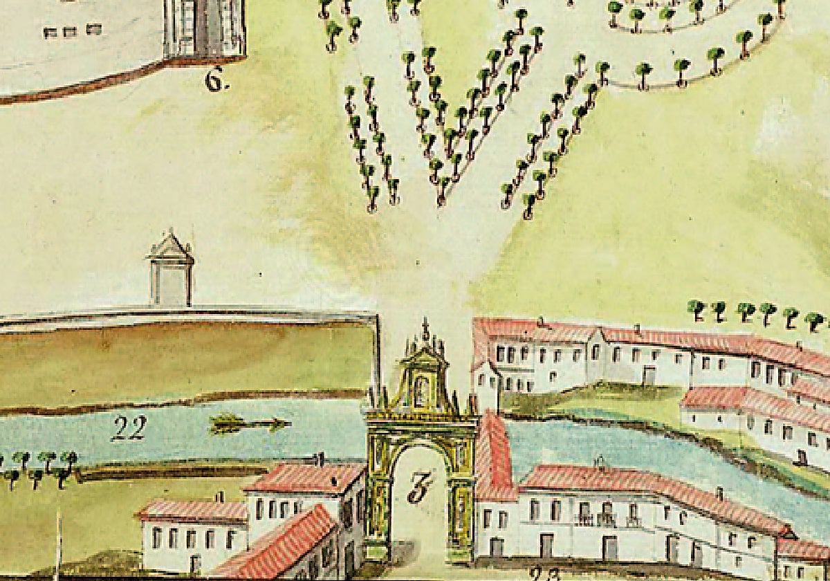 El Arco de Santiago se levantó sobre la Puerta del Campo, dibujada en este plano de Diego Pérez de 1787.