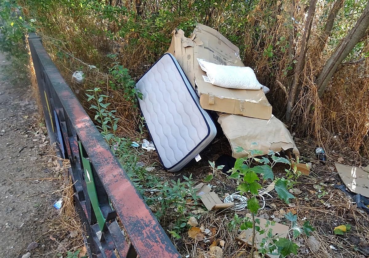 Imagen principal - Arriba, cartones y colchones en la ribera, cerca del albergue. Debajo, a la izquierda, cartones, junto a casetas para gatos, bajo el puente de la Condesa Eylo. A la derecha, 