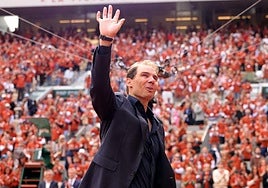 Rafael Nadal, durante el homenaje que recibió en Roland Garros por su retirada.