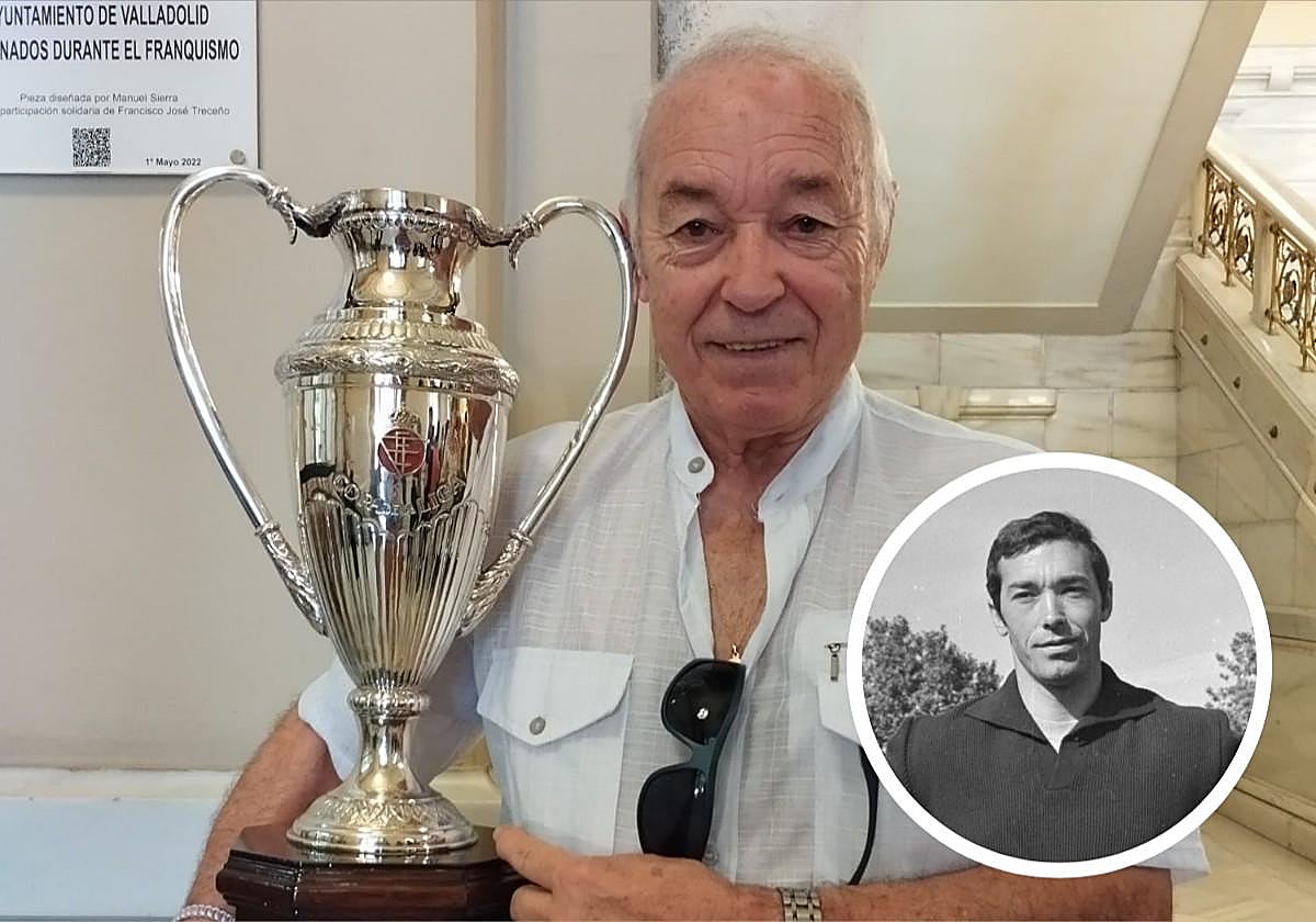 Aramayo, en una imagen reciente con la Copa de la Liga; en detalle, como portero del Real Valladolid.