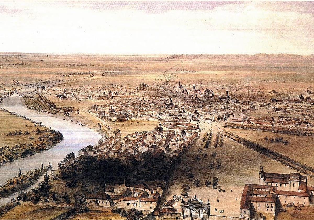 Litografía del arquitecto francés Alfred Guesdon (año 1854). En el centro, el Octógono y un poco más arriba, la puerta de acceso a la calle Santiago. A la derecha, ocupando el cuarto inferior, el suelo que hoy acoge al Campo Grande.