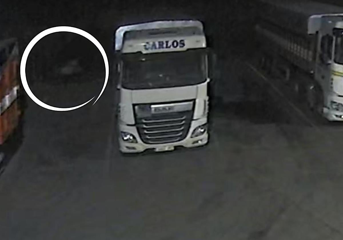 Imagen principal - Secuencia del asalto a las instalaciones de Cafaes el pasado domingo, en la que se aprecia (con dificultad) cómo los delincuentes bordean la valle (arriba) y luego, ya en el interior (debajo a la izquierda), sacan el combustible de uno de los camiones. A la izquierda, detalle de la hora en la que accedieron a la empresa.