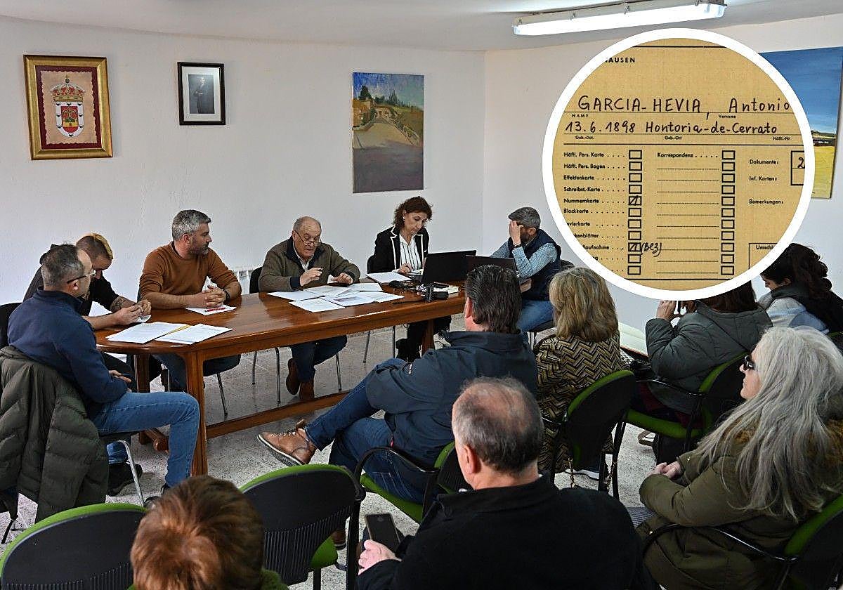 Pleno del Ayuntamiento de Hontoria de Cerrato del pasado 25 de marzo. A la derecha, documento sobre el deportado.