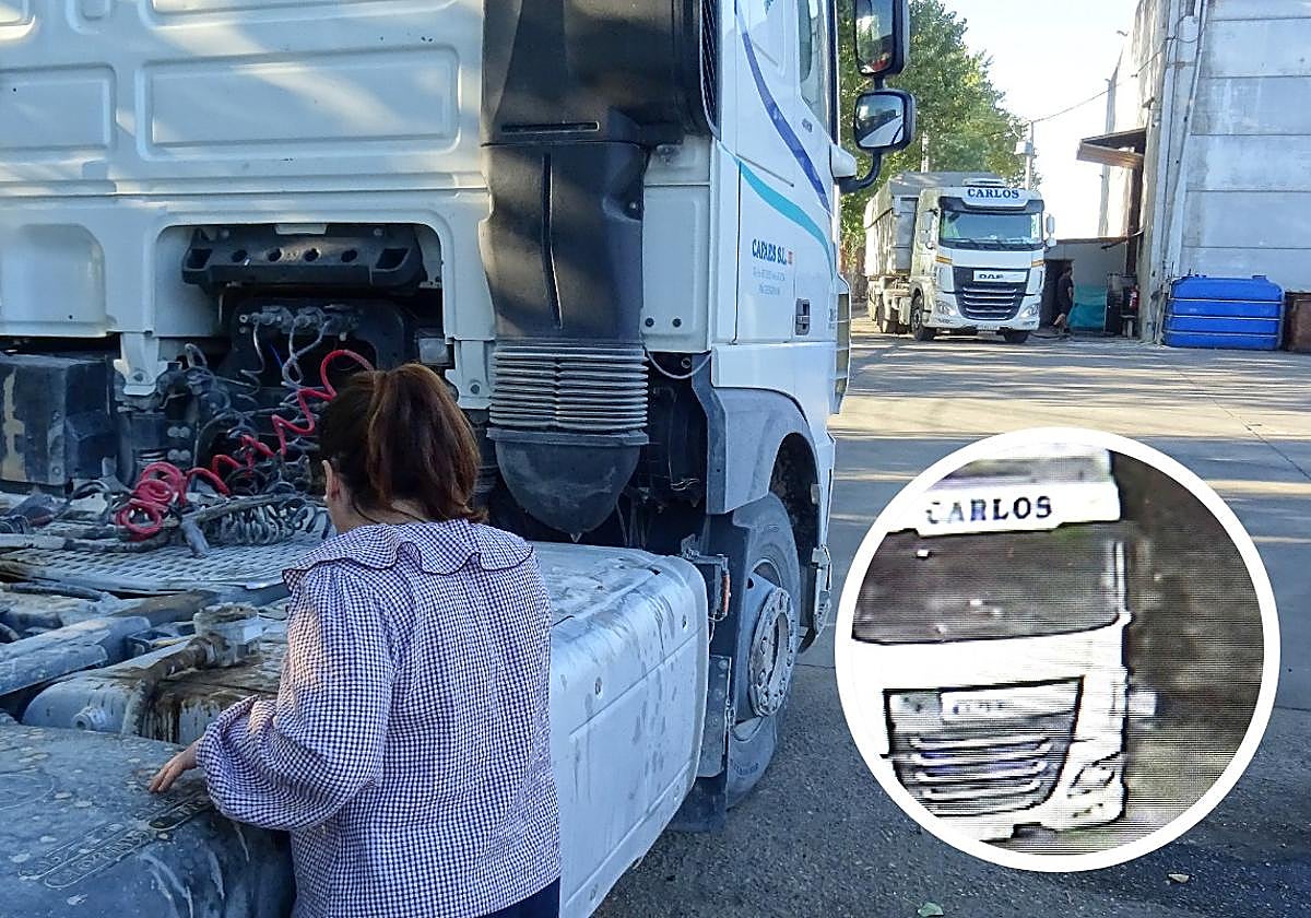 Laura, la administradora de Cafaes, examina el depósito de unos de sus camiones. A la derecha, en detalle, captura de las imágenes en la que se aprecia a los ladrones sacando el gasóleo de uno de los vehículos de la empresa.