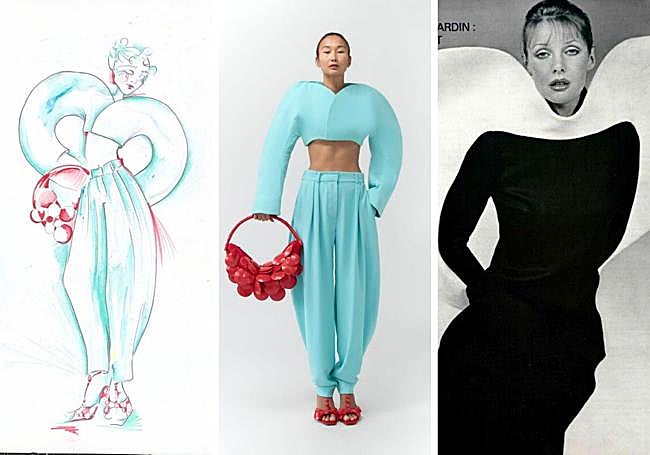El boceto del diseño de Blanca, el diseño ya concluido y el traje de Pierre Cardin que lo inspiró