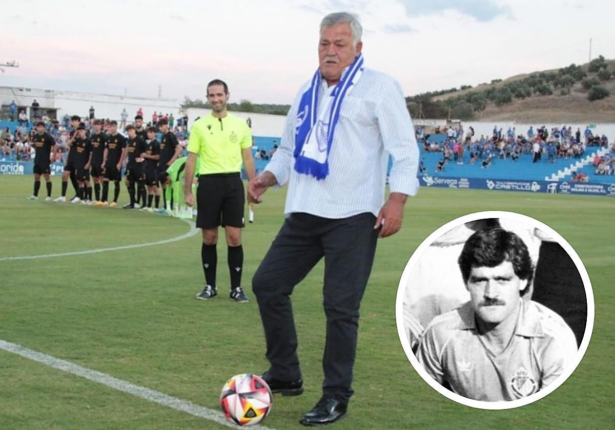 García Navajas, durante un saque de honor en Linares en 2023. A la derecha, en la foto del once en un partido del Pucela en el Helmántico en 1983.