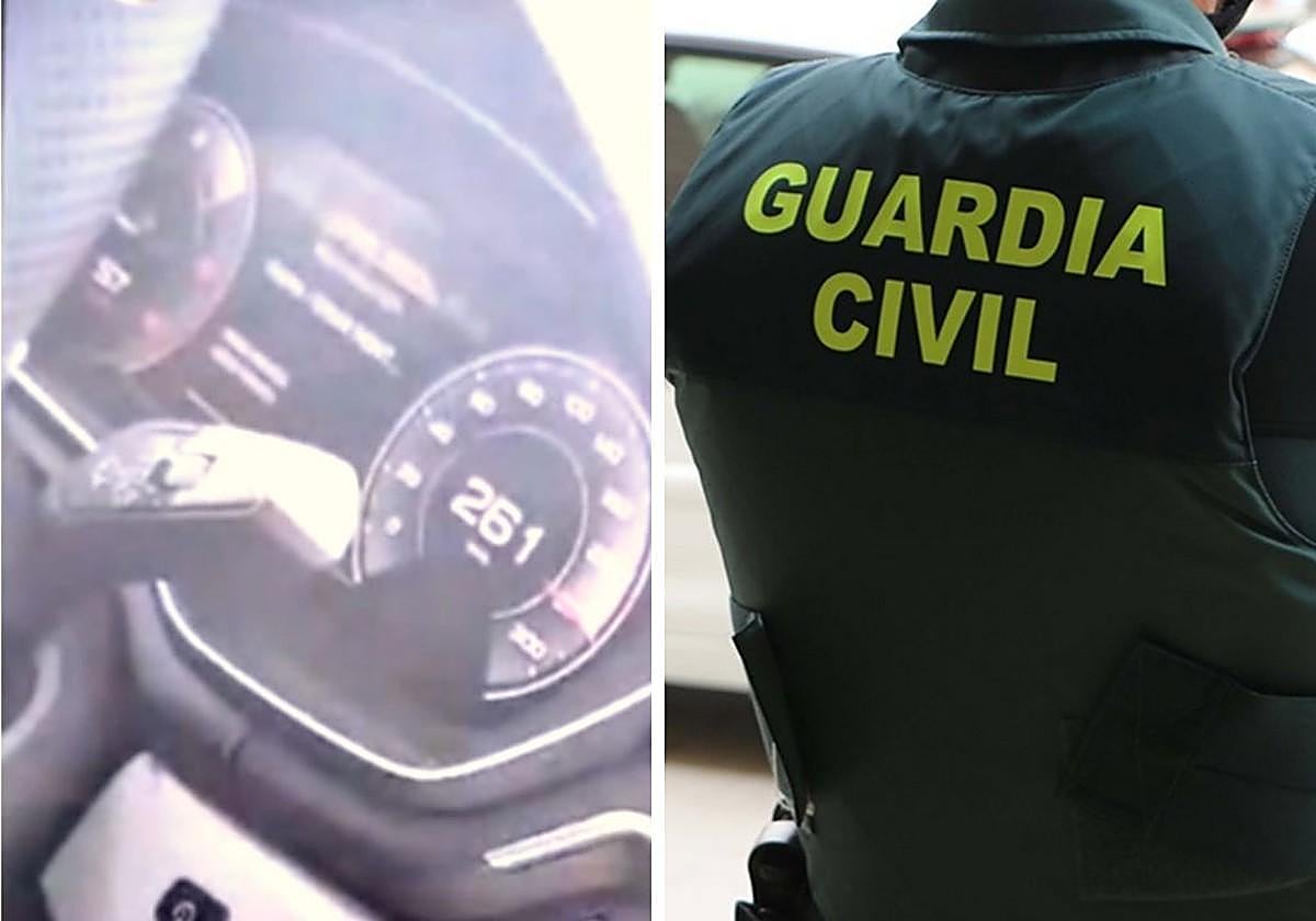 A la izquierda, captura del vídeo subido por el investigado a redes sociales en la que se aprecia que circulaba a 261 kilómetros por hora; a la dercha, imagen de archivo de un agente.