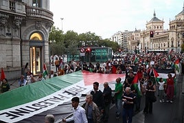 Una veintena de manifestantes portan una gran bandera de Palestina en la calle Miguel Íscar durante la manifestación del pasado 2 de octubre.