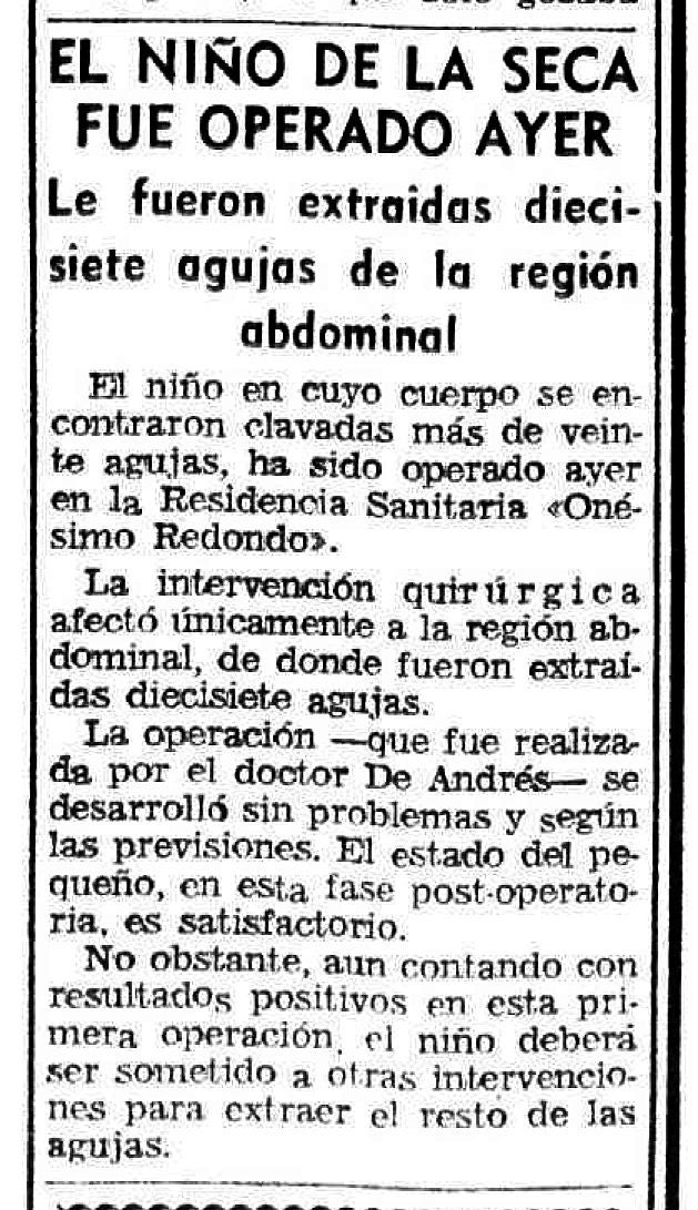 La primera noticia recogida en El Norte de la operación inicial al niño de La Seca.