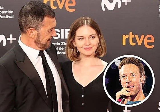 Stella del Carmen con su padre, el actor Antonio Banderas, en la gala de apertura del Festival de San Sebastián 2021. En detalle, Chris Martin, cantante de Coldplay