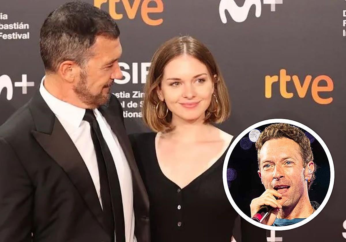 Stella del Carmen con su padre, el actor Antonio Banderas, en la gala de apertura del Festival de San Sebastián 2021. En detalle, Chris Martin, cantante de Coldplay