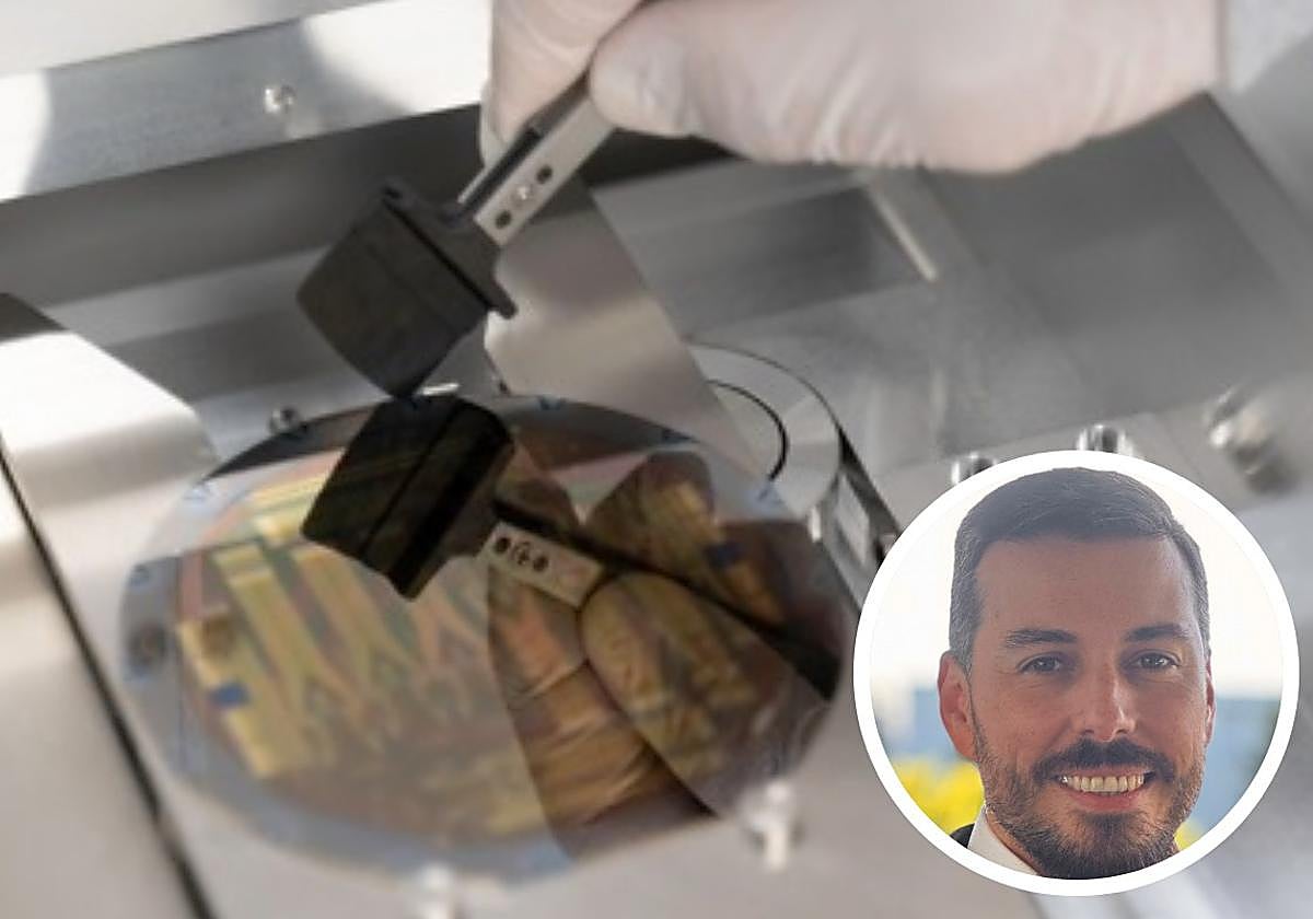 Trabajos en laboratorio en Inbrain Neuroelectronics y, en imagen de detalle, Javier Castillo.