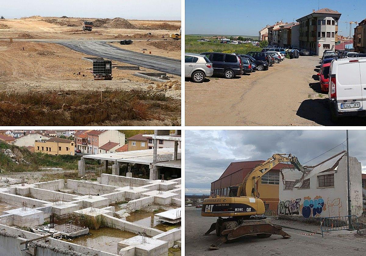 Arriba por izquierda, urbanización de Los Hitales y entorno de Las Lastras; abajo, obras paradas en el centro educativo de San Lorenzo y excavadora en el solar del centro de salud de Cuéllar.