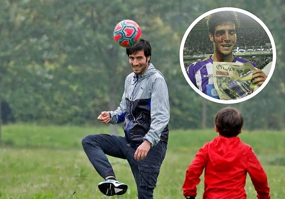 Valiente, en una imagen reciente jugando con su hijo; en detalle, ensangrentado el día del ascenso con un ejemplar de El Norte en la mano.