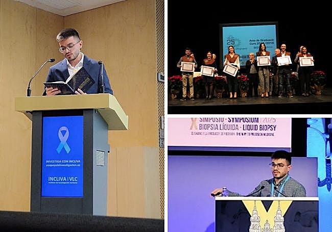 Foto 1.- Jorge Martín Arana defiende su tesis doctoral. Foto 2.- Graduación de su Máster en Bioinformática en Valencia. Foto 3.- Participando en un congreso internacional donde recibió el premio al mejor comunicador oral