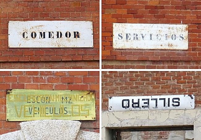 Algunas de las placas que identifican el uso de los edificios del antiguo cuartel.