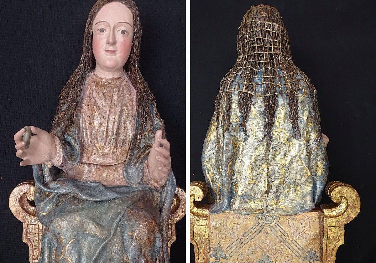 Imagen de la Virgen del Monte, tanto por delante como por la cara posterior de la talla.