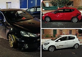 El coche que provocó los daños, sin neumático. A la derecha, daños en los turismos.