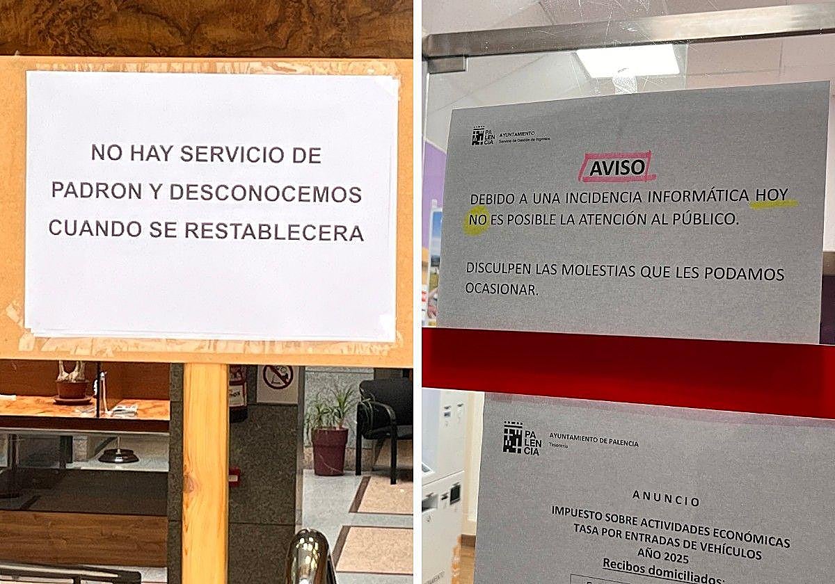 Carteles informativos colocados en las dependencias municipales de Canónigas y de Recaudación.
