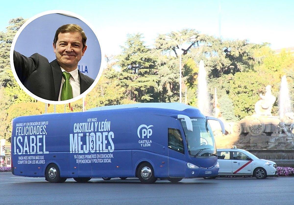 Autobús del PP de Castilla y León circulando por Madrid en imágenes difundidas este lunes por los populares y en detalle, Alfonso Fernández Mañueco ese día.