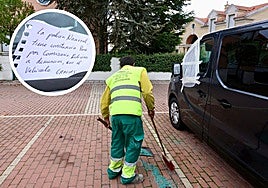 Un operario limpia los restos de cristales junto a un vehículo dañado en la calle Rigoletto. En el círculo, cartel escrito a otro afectado.