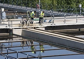 Operarios revisan el estado del agua en la depuradora de Segovia.