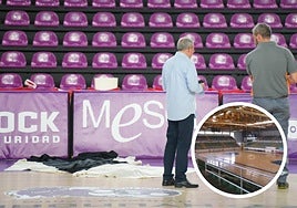 Toallas y lonas para limpiar el agua caída en la pista central de Pisuerga. A
