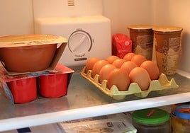 Un frigorífico con lácteos y huevos.