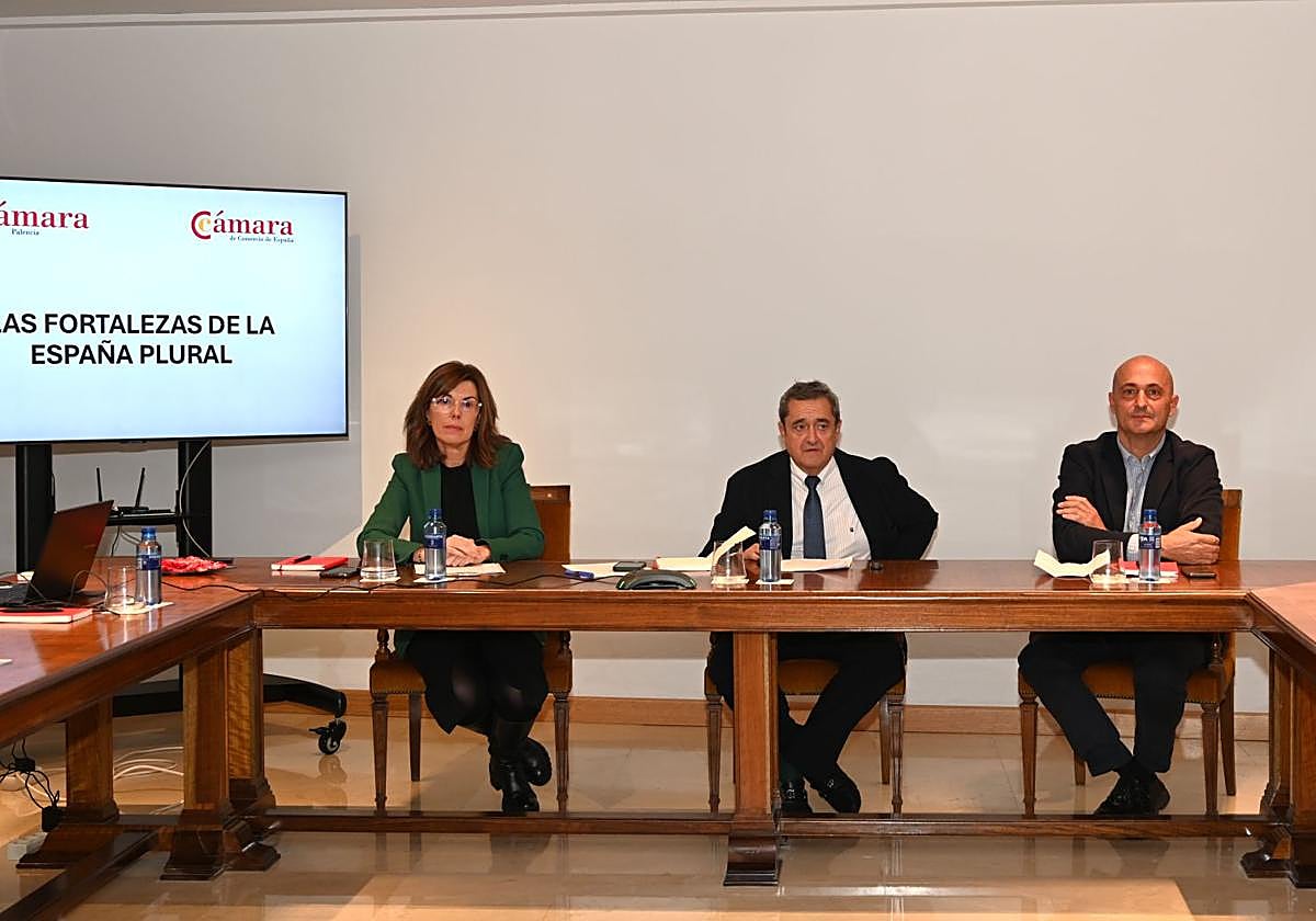 Conrado Merino, flanqueado por Rosa González, de la Cámara de Comercio, y el vicerrector Julio Diez Casero.