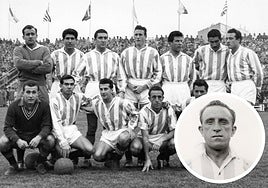 Un equipo blanquivioleta de la temporada 1954-55. De pie: Saso, Matito, Lolo, Murillo, Domingo, Lesmes I y Tini. Agachados: Benegas, Cerdán, Ducasse, Losco (también en detalle), y Morro.