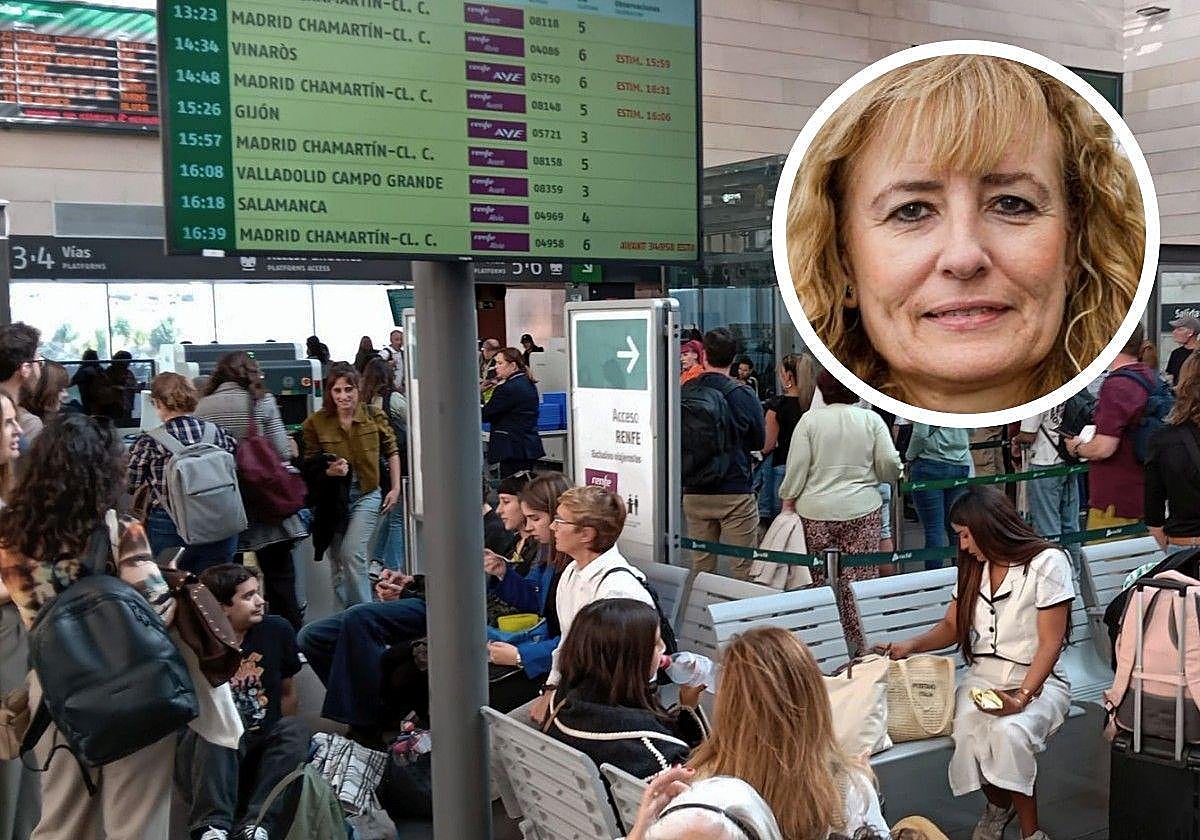 Pasajeros en el vestíbulo de la estación del Ave de Segovia, y en círculo, Sylvia García, presidenta de la asociación de usuarios.