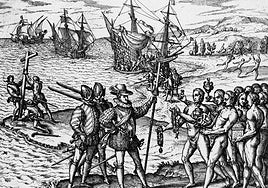 Primer desembarco de Colón (Guanahani, 12 de octubre de 1492), grabado de Theodor de Bry (1528-1598).