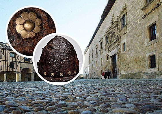 Palacio de Avellaneda, en la plaza de Peñaranda de Duero y, en las fotos de detalle, una de la piezas encontradas y ya restauradas, un casco capacete.