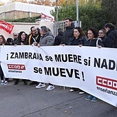 Los educadores del Zambrana, a las puertas del centro, durante la protesta de este jueves.