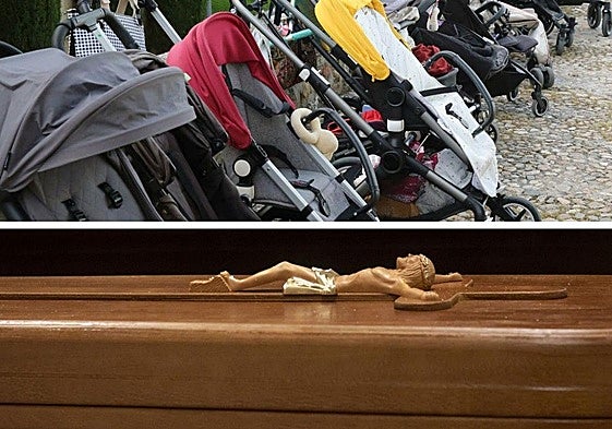 Arriba, hilera de carritos de bebé en un jardín de la capital segoviana; abajo, un ataúd de los servicios funerarios.
