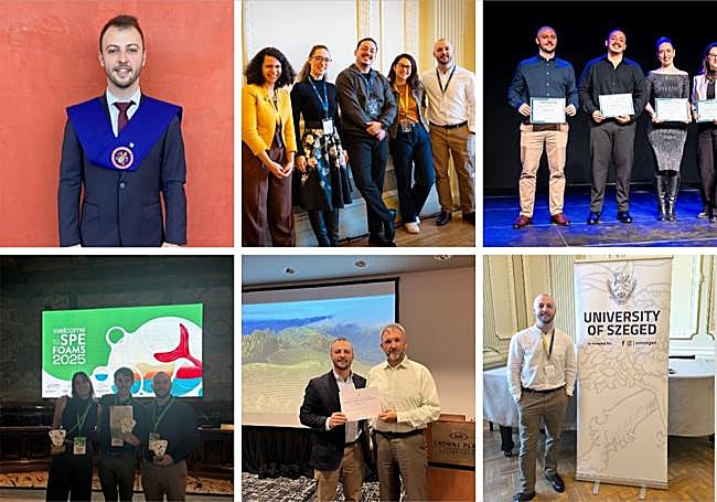 Foto 1.- Félix Lizalde durante su graduación del Grado en Física por la UVa, en 2022. Foto 2.- Lizalde con el grupo de finalistas del PhD CUP 2025. Foto 3.- Entrega individual del reconocimiento como finalista del PhD Cup 2025. Foto 4.- Entrega del SPE Thermoplastic Materials and Foams Division Ananda Chatterjee Travel Award durante el congreso SPE Foams 2025 en Nápoles (Italia). Foto 5.-Mejor Trabajo en el Congreso Internacional SPE Foams 2024 (King of Prussia, Pensilvania EE.UU). Foto 6.- Lizalde en la Universidad de Szeged, sede del PhD Cup 2025. Foto