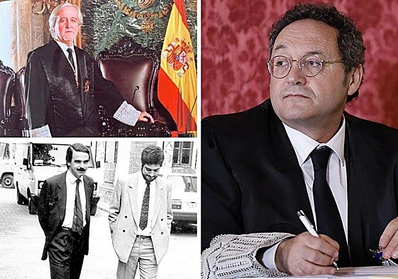 Arriba, el magistrado Juan Ramón Berdugo; abajo, Miguel Ángel Rodríguez junto a José María Aznar en 1987; y, a la derecha, el fiscal general García Ortiz.