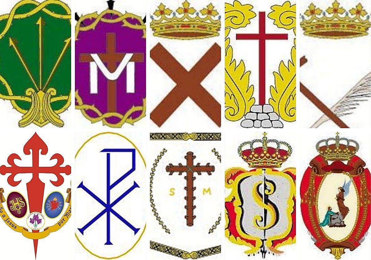 Escudos e insignias de las ocho cofradías, la feligresía y la hermandad que componen la Junta de Semana Santa de Segovia.