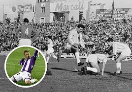 Aramendi y Mirlo abrazan a Morollón, autor del primer gol del Real Valladolid frente al Oviedo en la temporada 1959-60; en detalle, celebración de Ebert.