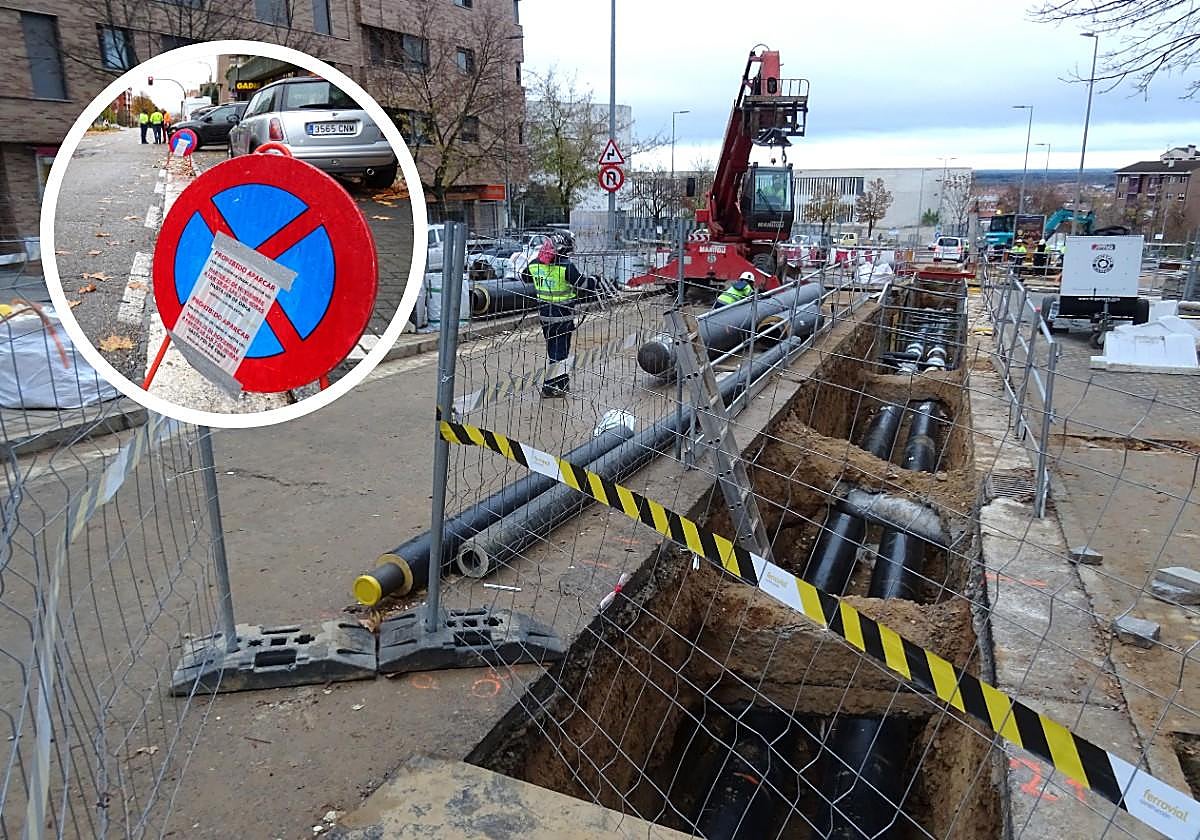 Estado actual de las obras de la red de calor que mantienen cortados dos carriles en Ciudad de la Habana, entre Manuel Azaña y Enrique Cubero. Arriba, en detalle, las señales que anuncian el nuevo cierre y la prohibición de aparcar en un tramo de Hernando de Acuña.