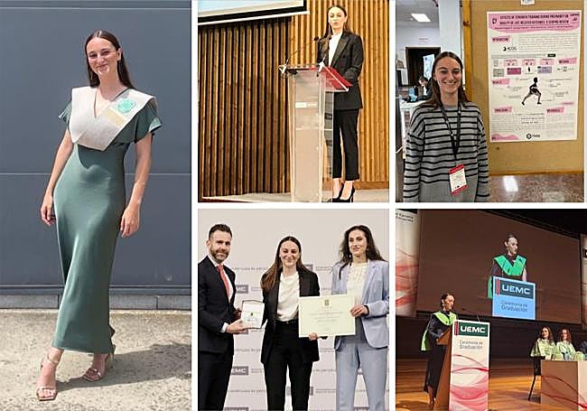 Foto 1.- Paula Redondo en la graduación del Máster en Innoación e Investigación en Actividad Física en Poblaciones Especiales en la UEMC en 2025. Foto 2.- Discurso en el acto de Entrega de los mejores expedientes de 2023-2024. Foto 3.- Presentación del Póster en el simposio de fuerza en Madrid en 2024. Foto 4.- Entrega de los mejores expedientes CAFyD 2023-2024. Foto 5.- Discurso en la ceremonia de graduación 2024, en la que Paua Redondo fue elegida como representante de los alumnos de la UEMC.